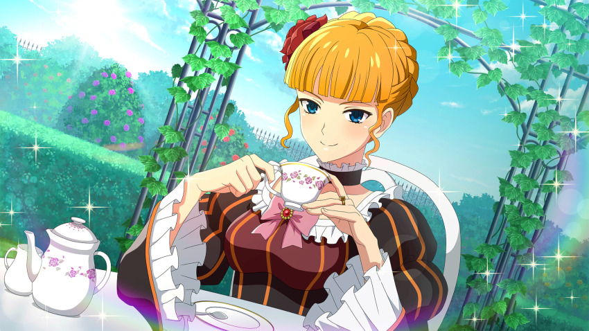 1girl beatrice_(umineko) blonde_hair blue_eyes blue_sky blunt_bangs bow braid breasts chair choker closed_mouth crown_braid cup day dress dress_bow flower frills game_cg garden hair_flower hair_ornament highres higurashi_no_naku_koro_ni_mei holding holding_cup jewelry leaf lens_flare long_sleeves looking_at_viewer non-web_source official_art on_chair outdoors pink_bow plant plate puffy_sleeves rainbow red_flower red_rose ribbon ring rose sitting sky smile solo sparkle table tea_set teacup teapot umineko_no_naku_koro_ni vines