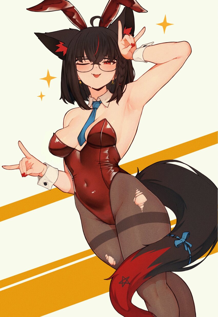 1girl ahoge animal_ears armpits black-framed_eyewear black_hair blue_necktie blue_ribbon braid breasts covered_navel crossed_bangs detached_collar double_fox_shadow_puppet earrings fang female_pubic_hair fox_ears fox_shadow_puppet fox_tail glasses hand_up highres hololive jewelry kurokami_fubuki leotard looking_at_viewer medium_breasts multicolored_hair nail_polish necktie one_eye_closed open_mouth pantyhose pentagram playboy_bunny pubic_hair pubic_hair_peek rabbit_ears red_eyes red_hair red_leotard red_nails ribbon ring smile solo sparkle streaked_hair sweat tail torn_clothes torn_pantyhose varniskarnis virtual_youtuber wedding_ring wrist_cuffs
