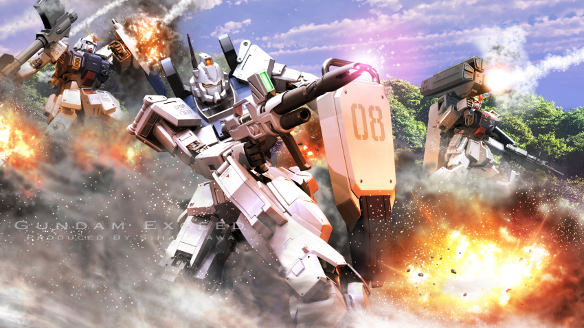 3d battle bazooka_(gundam) beam_rifle cloud damaged debris energy_gun english_text explosion forest glowing ground_gundam gundam gundam_08th_ms_team gundam_ez8 highres machinery mecha mecha_focus missile_pod mobile_suit nature no_humans radio_antenna rainforest realistic robot roundel s.hasegawa scope shield signature smoke weapon