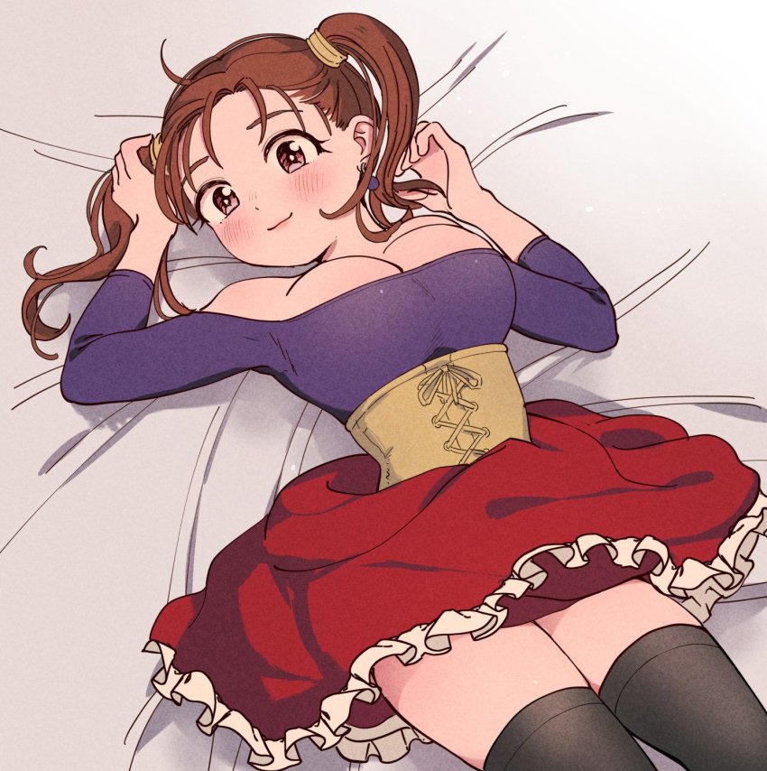 1girl bare_shoulders blush breasts brown_eyes brown_hair cleavage closed_mouth corset dragon_quest dragon_quest_viii dress earrings highres jessica_albert jewelry large_breasts long_hair looking_at_viewer miyama_(kannsannn) purple_shirt shirt smile solo thighhighs twintails