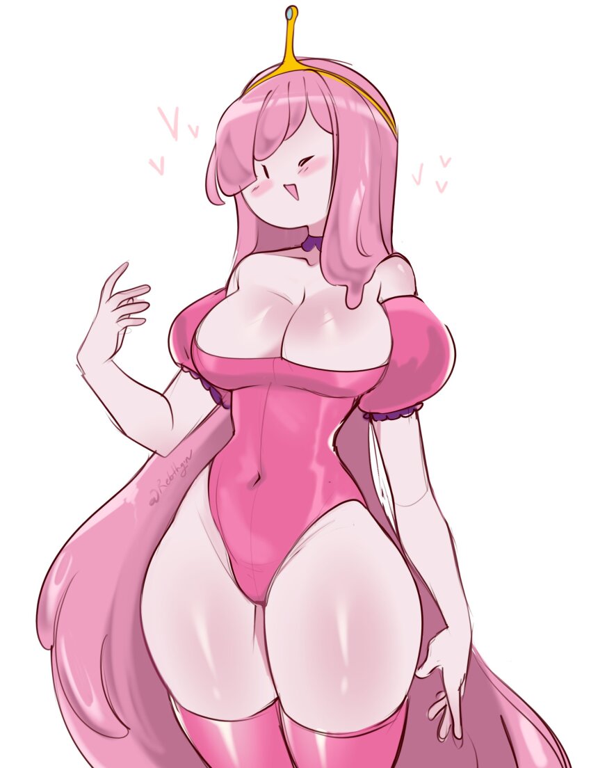 1girl absurdres adventure_time bare_shoulders blush breasts choker cleavage covered_navel cowboy_shot detached_sleeves diagonal_bangs highleg highleg_leotard highres large_breasts leotard long_hair one_eye_closed open_mouth pale_skin pink_hair pink_leotard pink_sleeves pink_thighhighs princess_bonnibel_bubblegum puffy_short_sleeves puffy_sleeves purple_choker rebthgin short_sleeves sketch smile solo thighhighs tiara twintails very_long_hair white_background