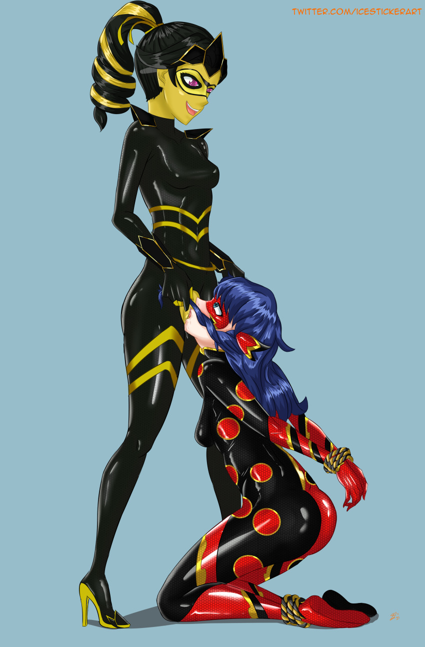 2girls absurdres arms_behind_back ass bad_end bad_tag bdsm black_bodysuit blue_eyes blue_hair bodysuit bondage bound breasts chloe_bourgeois colored_skin corruption cunnilingus dark_persona dragonbug_(character) eye_contact female_focus femdom full_body handlebar high_heels highres holding_another&#039;s_hair icesticker kneeling ladybug_(character) looking_at_another looking_down looking_up marinette_dupain-cheng medium_breasts mind_control miraculous_ladybug multiple_girls open_mouth oral pussy_juice queen_bee_(miraculous_ladybug) shiny_clothes small_breasts smile standing twintails yellow_skin yuri
