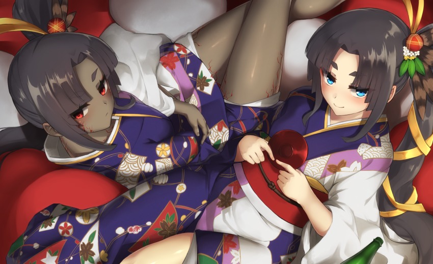 2girls alternate_costume black_hair blue_eyes dark-skinned_female dark_persona dark_skin dual_persona fate/grand_order fate_(series) from_above hair_ornament japanese_clothes kimono long_hair multiple_girls obi parted_bangs pinta_(ayashii_bochi) red_eyes revision sash side_ponytail ushiwakamaru_(corrupted)_(fate) ushiwakamaru_(fate) ushiwakamaru_(formal_dress)_(fate) very_long_hair
