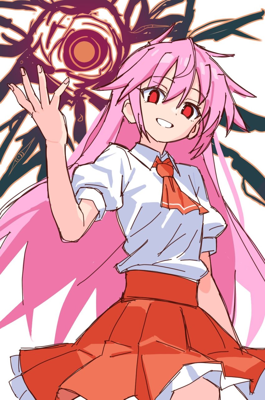 1girl collared_shirt highres kurusu_miki little_princess_(alicesoft) little_princess_miki long_hair looking_at_viewer magic matuo3232 pink_hair rance_(series) rance_x red_eyes shirt sketch skirt smile solo very_long_hair