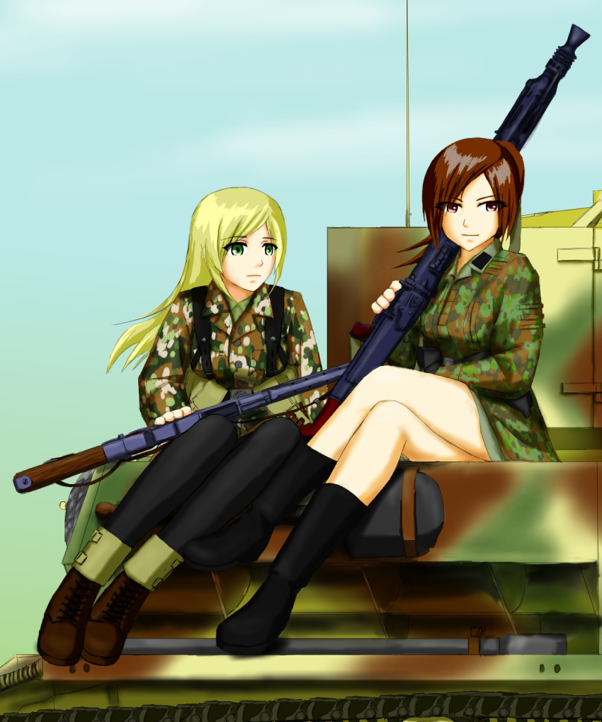 2girls adapted_uniform assault_rifle belt black_legwear blonde_hair boots brown_eyes brown_hair camouflage caterpillar_tracks crossed_legs dragoon_(dragon_w) flecktarn green_eyes gun highres holster long_hair machine_gun mg_42 military military_uniform military_vehicle motor_vehicle multiple_girls on_vehicle original pantyhose ponytail pouch rifle shovel sitting soldier stg44 tank thighhighs tiger_i vehicle weapon wehrmacht worktool world_war_ii