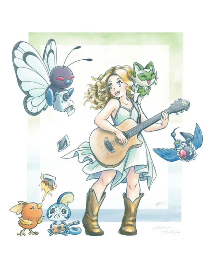 blonde_hair boots butterfree chatot cowboy_boots dress gen_1_pokemon gen_3_pokemon gen_4_pokemon gen_8_pokemon guitar highres instrument mgishere nintendo pokemon polaroid_camera sobble sprigatito taylor_swift torchic