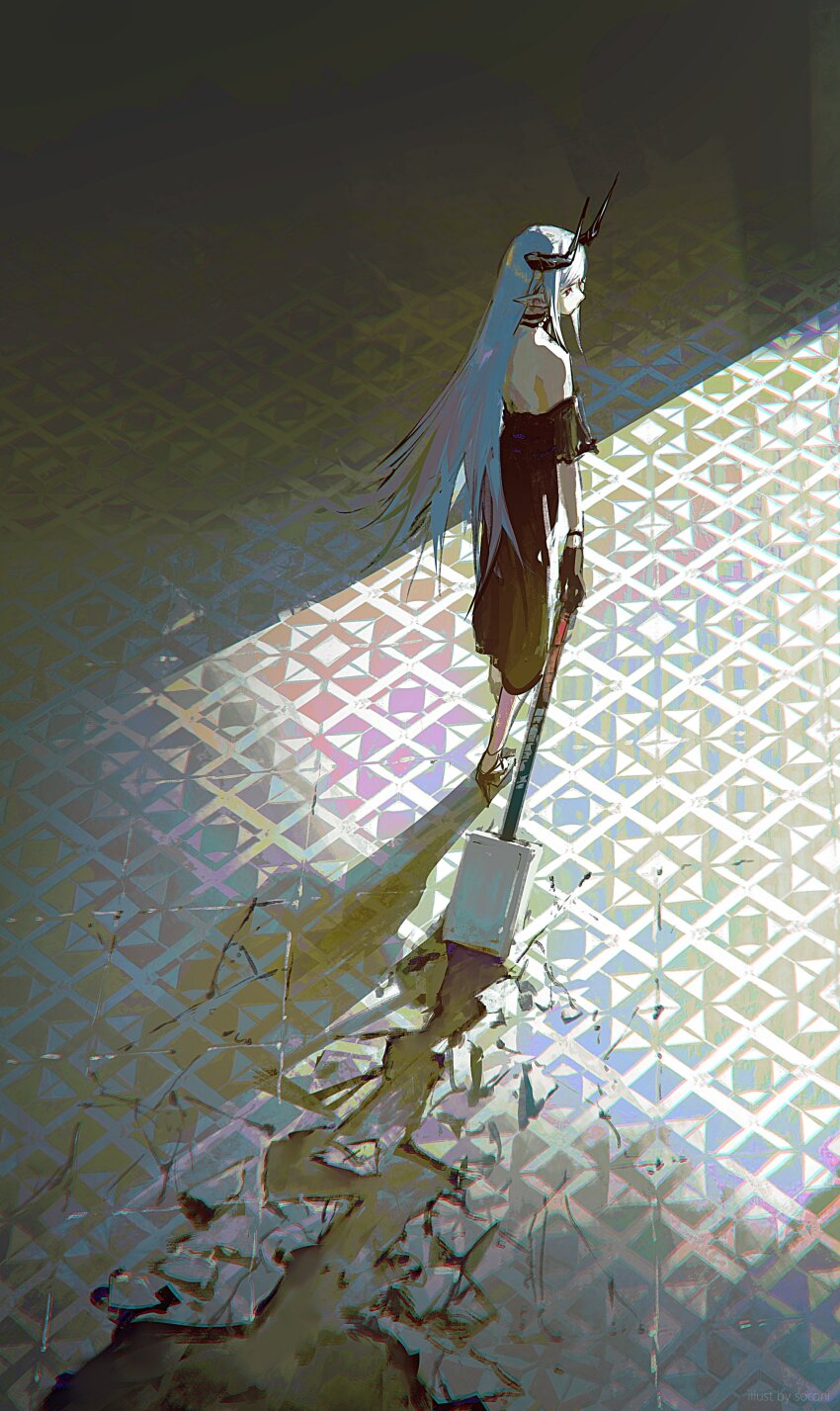 1girl absurdres arknights backless_dress backless_outfit black_choker black_dress black_gloves black_horns black_sandals choker crack cracked_floor dress full_body gloves highres holding holding_mace holding_weapon horns mace mudrock_(arknights) pointy_ears red_eyes sandals solo sorrowny walking weapon white_hair