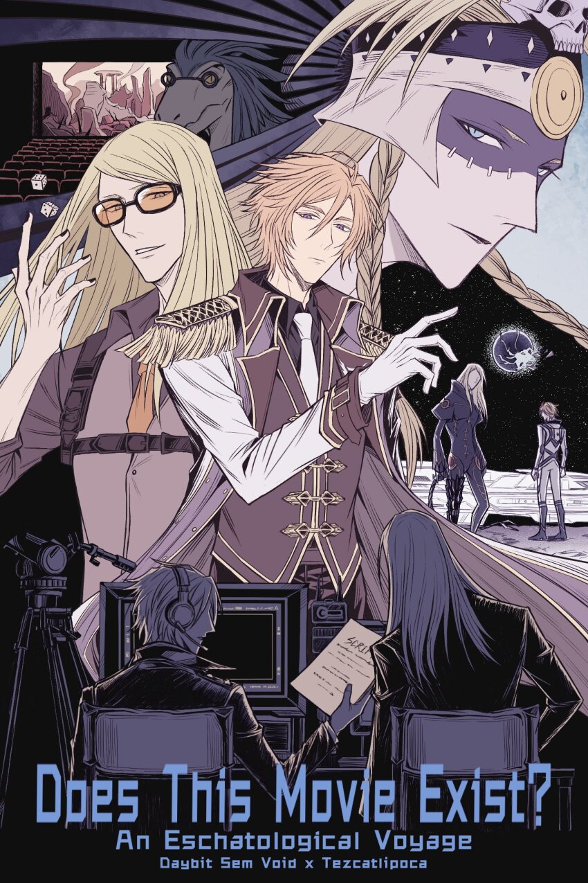 2boys armor aztec black_armor black_coat blonde_hair blue_eyes coat daybit_sem_void em_invain fate/grand_order fate_(series) highres long_hair multiple_boys sunglasses tepeu_(fate) tezcatlipoca_(fate) tezcatlipoca_(second_ascension)_(fate) tezcatlipoca_(third_ascension)_(fate)