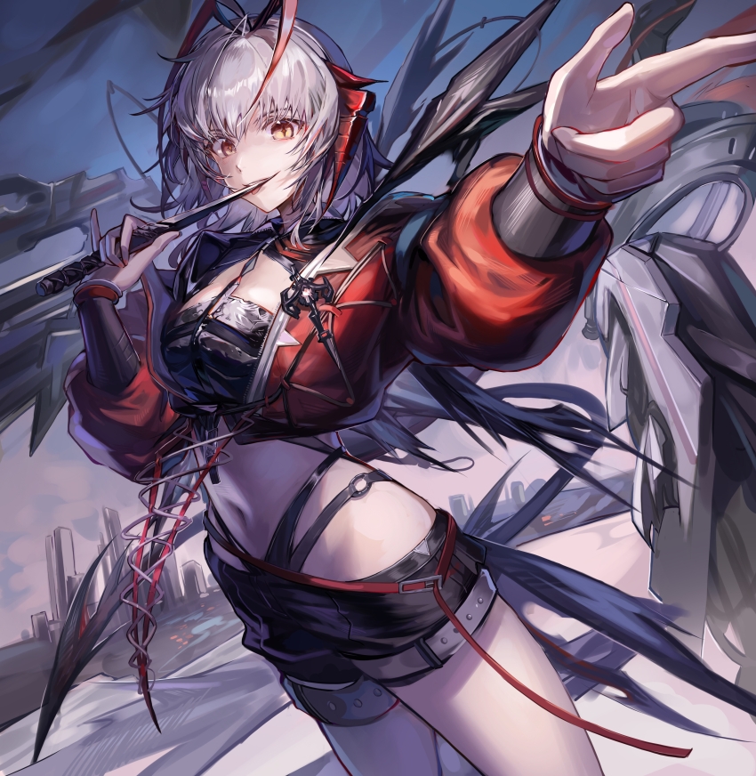 1girl absurdres antenna_hair arknights black_shorts building chinese_commentary cityscape cloud commentary_request cowboy_shot crop_top cropped_jacket dagger finger_gun from_side highres holding holding_dagger holding_knife holding_weapon horns jacket knife licking licking_weapon looking_at_viewer looking_to_the_side midriff navel pinky_out puffy_sleeves red_jacket short_hair shorts sky skyscraper solo standing symbol-shaped_pupils twilight w_(arknights) wangmou_zilaojuan weapon white_hair wis&#039;adel_(arknights) yellow_eyes