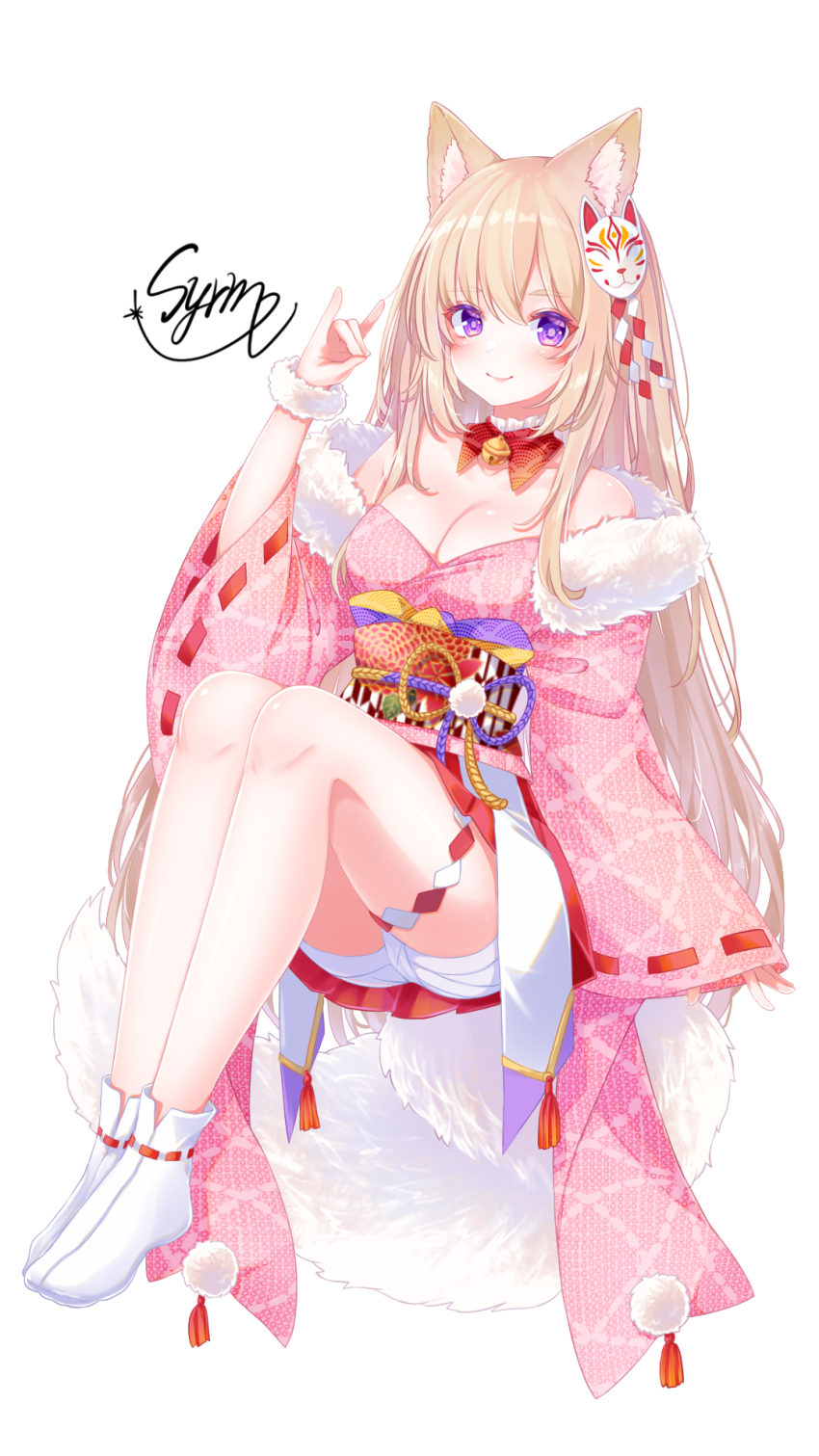 1girl animal_ear_fluff animal_ears bell blonde_hair blush bracelet breasts cleavage closed_mouth collar commentary commission detached_collar fox_ears fox_girl fox_mask fox_shadow_puppet fox_tail frilled_collar frills full_body fur-trimmed_kimono fur_bracelet fur_trim highres japanese_clothes jewelry kimono kouhaku large_breasts long_hair long_sleeves looking_at_viewer mask mask_on_head neck_bell obi obiage obijime original pink_kimono pom_pom_(clothes) purple_eyes ribbon-trimmed_sleeves ribbon-trimmed_socks ribbon_trim rope sash shimenawa signature single_sleeve_past_wrist smile socks solo tabi tail very_long_hair white_background white_socks white_tail wide_sleeves yunagi_(arukumaruta)