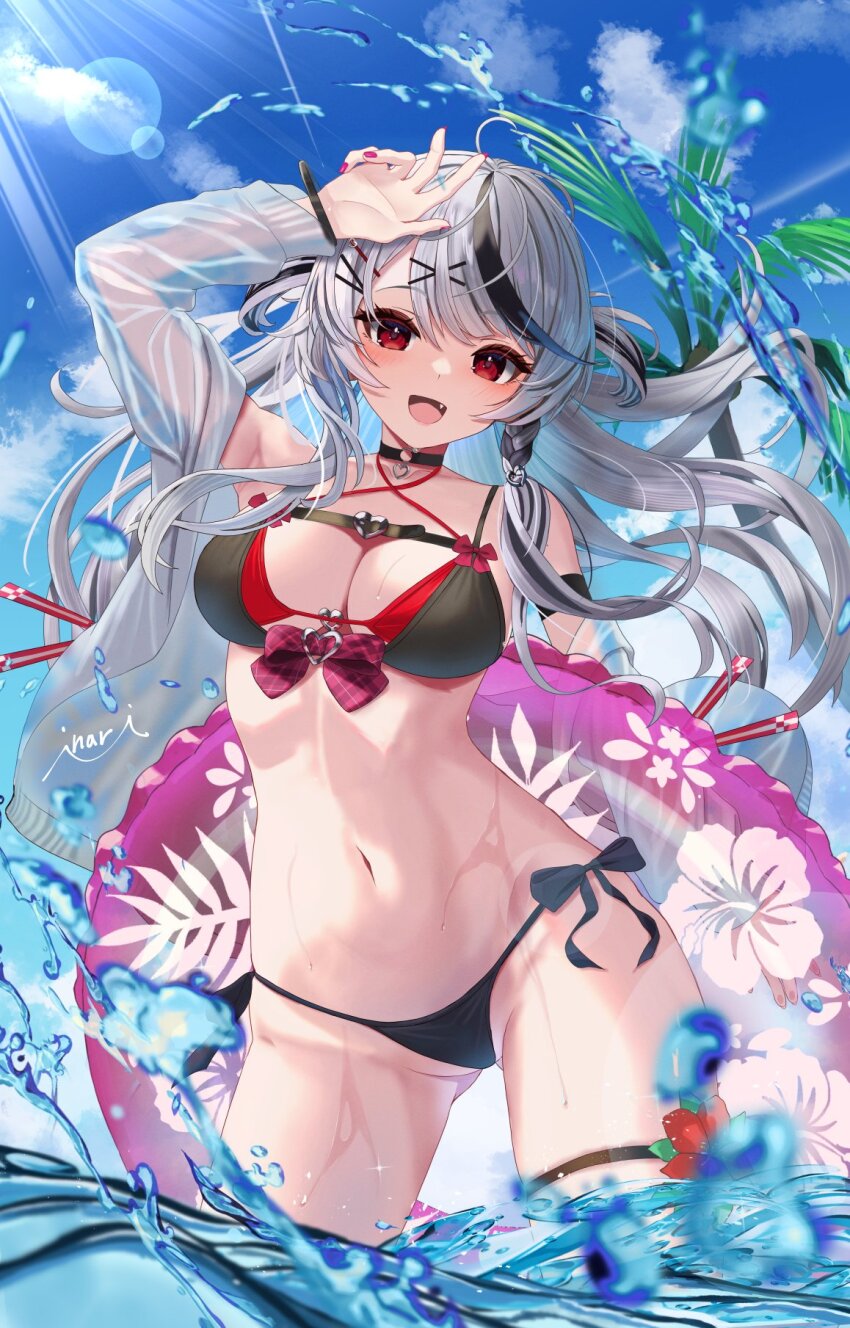 1girl black_hair blue_sky blush breasts cleavage grey_hair hair_ornament hairclip highres hololive inari_(ambercrown) large_breasts long_hair looking_at_viewer multicolored_hair ocean open_mouth red_eyes red_nails sakamata_chloe see-through_clothes sky solo streaked_hair swimsuit virtual_youtuber water wet x_hair_ornament