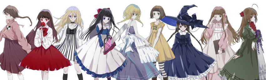6+girls adapted_costume ahoge aya_drevis bad_id bad_pixiv_id bandaid bandaid_on_arm black_choker black_dress black_hat black_skirt black_socks blonde_hair blue_dress blue_eyes book bow braid brown_eyes brown_hair bury chainsaw choker closed_eyes coco_(bury) dress elisabeth_faust fausts_alptraum flower fran_bow fran_bow_dagenhart funamusea gloves green_bow green_dress hair_bow hand_up hat highres holding holding_book holding_flower holding_knife ib_(ib) ib_(kouri) kneehighs knife long_hair looking_at_viewer mad_father madotsuki majo_no_ie multiple_girls oounabara_to_wadanohara pantyhose pink_ribbon rachel_gardner red_bow red_eyes red_neckwear red_skirt ribbon satsuriku_no_tenshi short_hair skirt socks striped_clothes striped_legwear striped_pantyhose trait_connection twin_braids twintails vertical_stripes vertigowitch viola_(majo_no_ie) wadanohara white_bow white_dress white_legwear white_skirt witch_hat yellow_dress yume_nikki