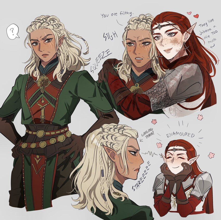 2girls ? ^_^ armor arms_around_neck baldur&#039;s_gate baldur&#039;s_gate_3 blonde_hair braid brown_eyes brown_gloves circlet closed_eyes cropped_torso dirty dirty_face dungeons_&amp;_dragons dungeons_&amp;_dragons elbow_gloves elf english_text eyeshadow facial_scar gloves green_jacket grey_background hands_on_own_hips heart highres jacket jaheira makeup mature_female medium_hair multiple_braids multiple_girls multiple_views pauldrons pointy_ears red_eyeshadow red_hair scar scar_across_eye scar_on_cheek scar_on_face scar_on_nose seirorath shoulder_armor simple_background smile spoken_question_mark tav_(baldur&#039;s_gate) upper_body yuri
