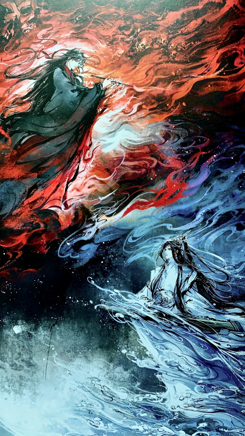 2boys absurdres black_hair black_hanfu chinese_clothes closed_mouth colored_smoke dizi energy fire floating floating_hair flute flute_tassel from_side grey_eyes guqin hair_down hair_ribbon half_updo hands_up hanfu headband highres holding holding_flute holding_instrument ink_wash_painting instrument kcllzas163 lan_wangji light_particles long_hair long_sleeves looking_at_another male_focus modao_zushi multiple_boys music official_alternate_hairstyle outstretched_arms painting_(medium) playing_instrument red_ribbon ribbon robe skull smoke standing tassel third-party_source traditional_media transverse_flute very_long_hair water watercolor_(medium) wei_wuxian wei_wuxian_(yiling_laozu) white_hanfu white_headband wide_sleeves xiao_guan_(headdress)