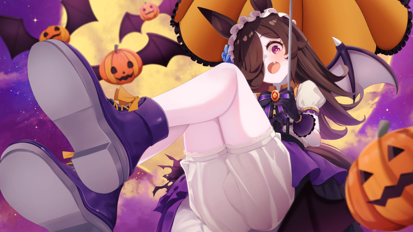1girl animal_ears bat_wings blush boots bow brown_hair fang hair_over_one_eye hairband highres horse_ears horse_girl lolita_hairband long_hair looking_at_viewer open_mouth purple_boots purple_bow purple_eyes purple_skirt rice_shower_(make_up_vampire!)_(umamusume) rice_shower_(umamusume) shijima_(shizima_03) shirt shorts skin_fang skirt solo umamusume white_hairband white_shirt white_shorts wings