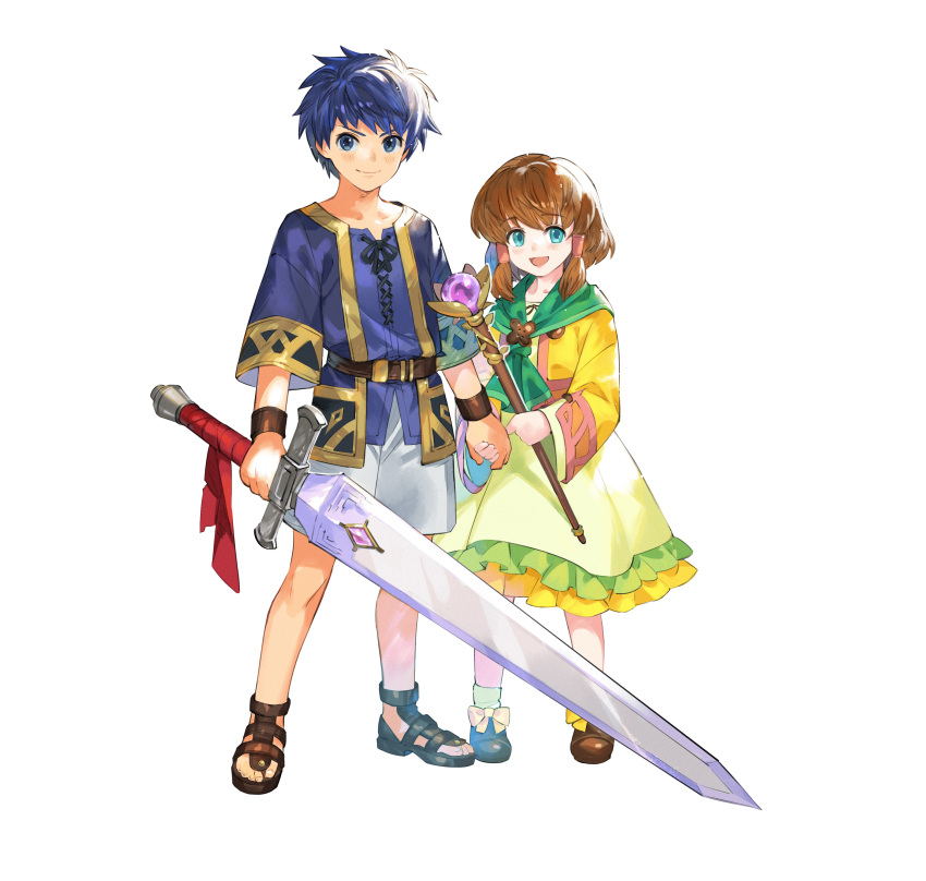 1boy 1girl absurdres aged_down blue_eyes blue_hair brooch brother_and_sister brown_hair capelet child commentary_request cross-laced_clothes cross-laced_top dress fire_emblem fire_emblem:_path_of_radiance fire_emblem_heroes full_body greatsword green_capelet highres holding holding_hands holding_staff holding_sword holding_weapon ike_(close-knit_siblings)_(fire_emblem) ike_(fire_emblem) jewelry looking_at_viewer mist_(close-knit_siblings)_(fire_emblem) mist_(fire_emblem) nintendo official_art sandals short_hair shorts siblings simple_background smile staff sword taroji weapon white_background white_shorts yellow_dress