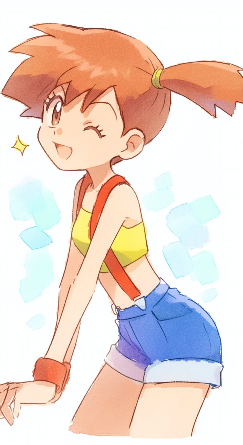 1girl ;d asymmetrical_hair blue_shorts blush breasts brown_eyes brown_hair crop_top denim denim_shorts eyelashes gen_1_pokemon gym_leader hair_tie highres looking_at_viewer midriff misty_(pokemon) nintendo one_eye_closed open_mouth orange_hair pokemon pokemon_(anime) pokemon_(classic_anime) pokemon_rgby ponytail shirt short_hair short_shorts shorts side_ponytail sleeveless sleeveless_shirt smile solo sparkle standing suspenders tank_top tongue wink wristband yellow_shirt yellow_tank_top