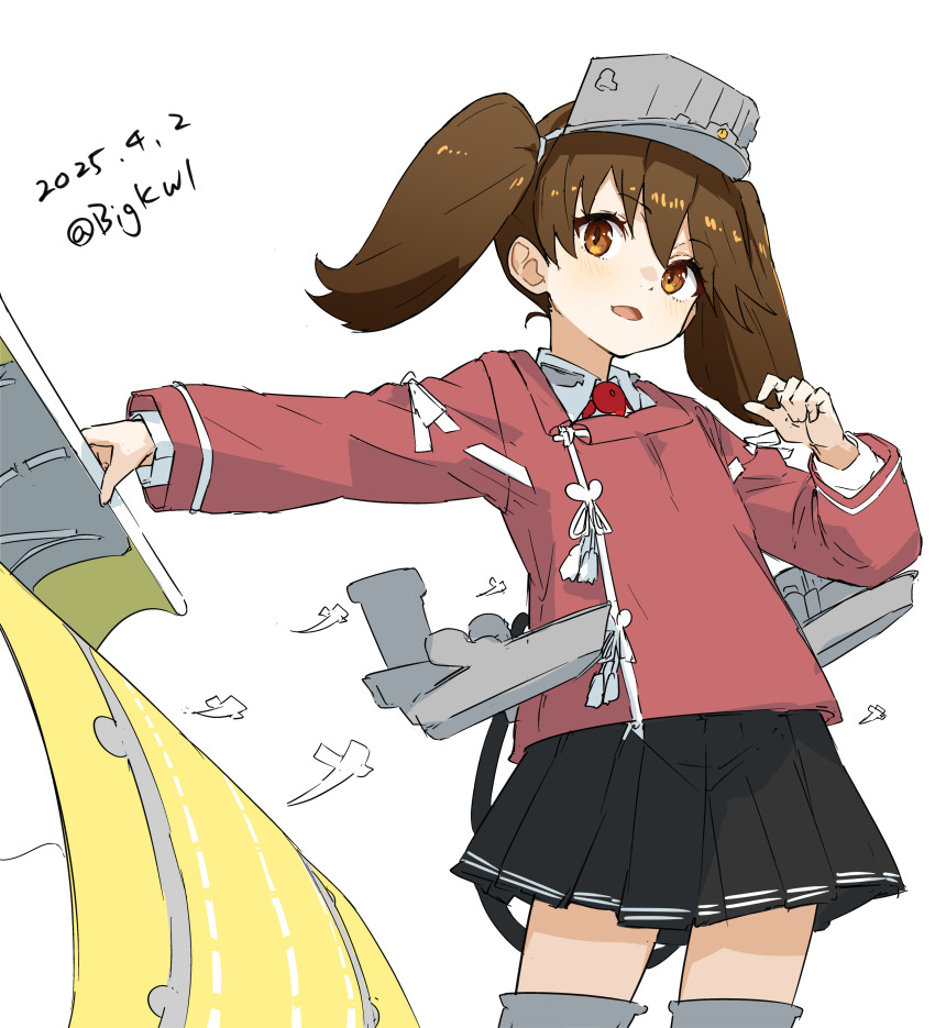 1girl absurdres bigkwl black_skirt brown_eyes brown_hair dated highres japanese_clothes kantai_collection kariginu long_hair magatama open_mouth pleated_skirt ryuujou_(kancolle) ryuujou_kai_ni_(kancolle) scroll shikigami skirt solo twintails visor_cap white_background