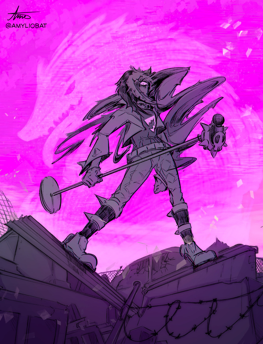 1boy barbed_wire broken_glass cropped_jacket driftingnova full_body gen_8_pokemon glass hair_over_one_eye highres holding holding_microphone_stand jacket looking_at_viewer male_focus microphone_stand nintendo obstagoon open_clothes open_jacket piers_(pokemon) pokemon pokemon_swsh purple_background purple_theme signature solo standing