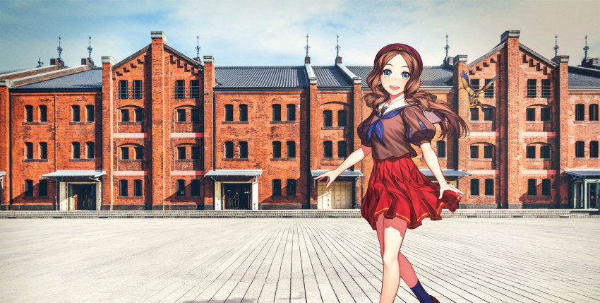 bird blue_legwear fate/grand_order fate_(series) forehead hat highres leonardo_da_vinci_(active_sailor)_(fate) leonardo_da_vinci_(fate) leonardo_da_vinci_(fate/grand_order) leonardo_da_vinci_(rider)_(fate) looking_at_viewer official_art parted_bangs photo_background puffy_short_sleeves puffy_sleeves red_skirt sailor_collar short_sleeves simosi skirt solo walking