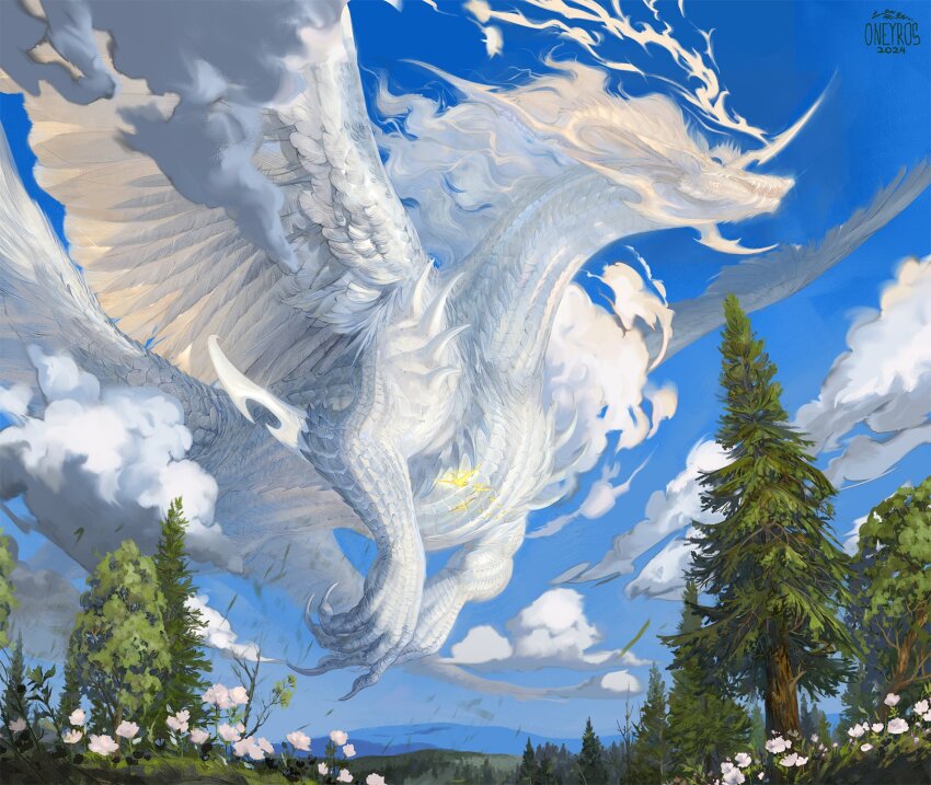 animal_focus artist_name blue_sky claws cloud day dragon fantasy feathered_wings flying from_below giant giant_monster grass highres hill horns mane monster no_humans oneyros original outdoors pine_tree scenery sky solo tree white_horns wings