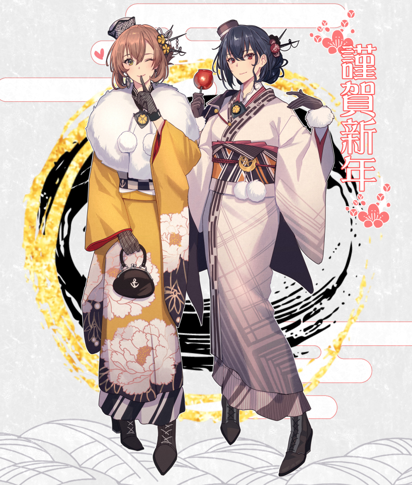 2girls black_gloves black_hair brown_hair closed_mouth commentary_request egasumi fur-trimmed_gloves fur-trimmed_kimono fur_trim gloves green_eyes highres japanese_clothes kantai_collection kasumi_(skchkko) kimono long_hair long_sleeves looking_at_viewer multiple_girls mutsu_(kancolle) mutsu_(new_year)_(kancolle) nagato_(kancolle) nagato_(new_year)_(kancolle) obi one_eye_closed red_eyes sash short_hair smile white_kimono wide_sleeves yellow_kimono