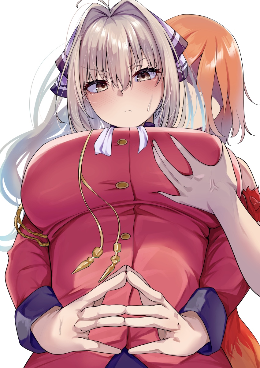 2girls absurdres ahoge aiguillette amagi_brilliant_park breasts brown_eyes brown_hair commission deep_skin faceless faceless_female from_below grabbing_another&#039;s_breast grabbing_from_behind groping hair_intakes highres large_breasts long_hair looking_at_viewer mirufui multiple_girls orange_hair pixiv_commission red_shirt salama_(amaburi) sento_isuzu shirt steepled_fingers sweat upper_body veins veiny_hands white_background yuri