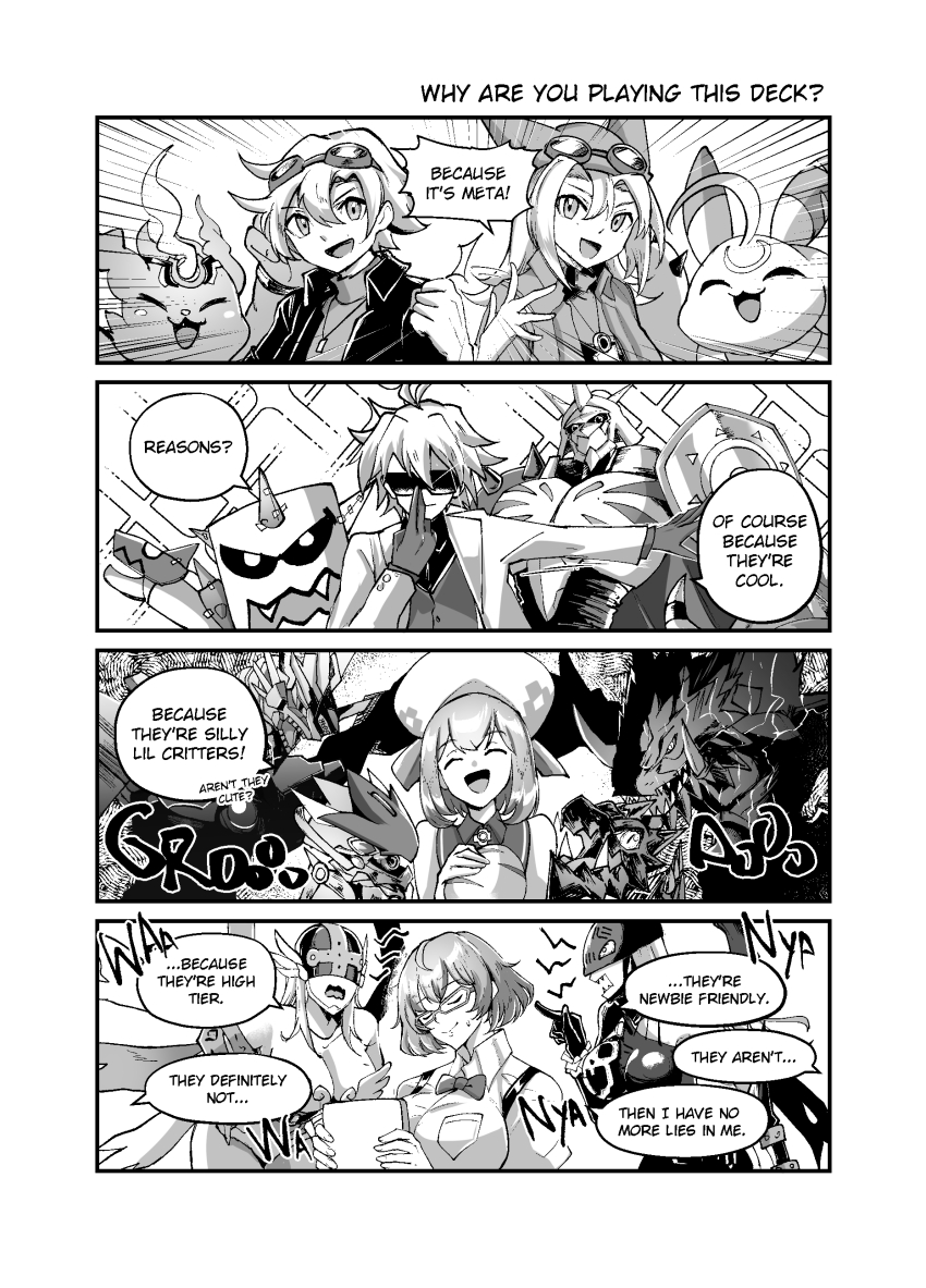2boys 5girls absurdres angel angel_girl angel_wings angewomon bare_shoulders coat collarbone comic cool_boy_(digimon) coronamon covered_eyes digimon digimon_card_game digimon_liberator digimon_linkz digimon_story:_sunburst_and_moonlight digimon_world_re:digitize digimon_world_re:digitize_decode digitama egg english_text glasses gloves goggles goggles_on_head head_wings helmet helmet_over_eyes highres jacket jazamon jewelry koh_(digimon) kurihara_hina ladydevimon lunamon metallicdramon mikagura_mirei monochrome multiple_boys multiple_girls necklace omegamon_x-antibody omekamon open_mouth sayo_(digimon) speech_bubble volcanicdramon vorvomon wings