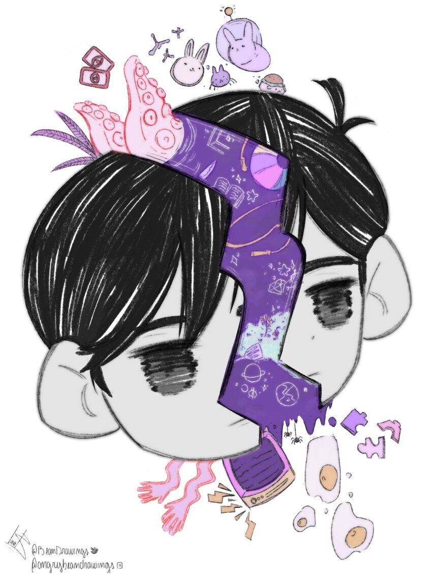 1boy abbi_(omori) angrybean antenna_hair ball beachball black_eyes black_hair bug_bunny_(omori) bun_bunny_(omori) closed_mouth colored_skin commentary disembodied_head egg_(food) english_commentary flower food forest_bunny_(omori) hair_behind_ear hatching_(texture) highres jitome jump_rope knife male_focus omori omori_(omori) puzzle_piece short_hair simple_background solo space_bunny_(omori) sparkle spatula split_head star_(symbol) tentacles white_background white_skin yellow_flower