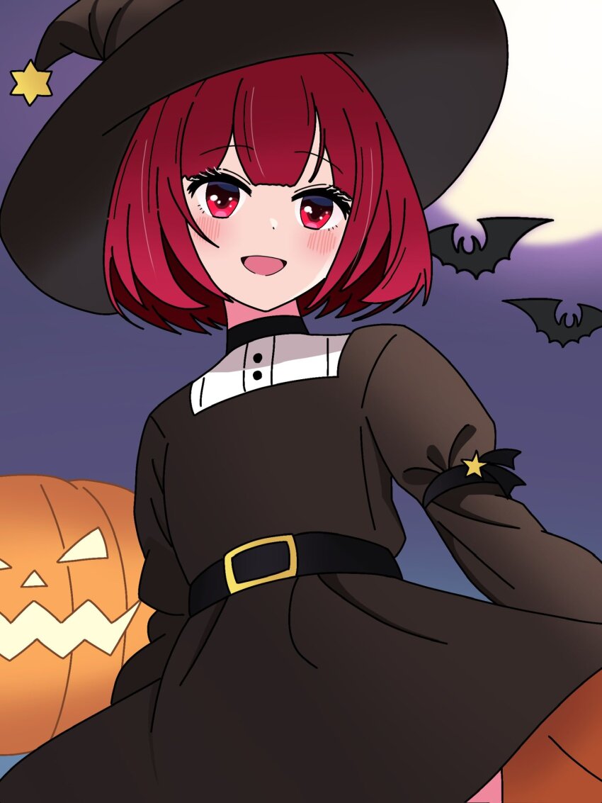 1girl arima_kana bat_(animal) black_dress black_hat bob_cut bokutaaaa dress halloween halloween_costume hat highres inverted_bob light_blush open_mouth oshi_no_ko pumpkin red_eyes red_hair short_hair smile solo witch_hat