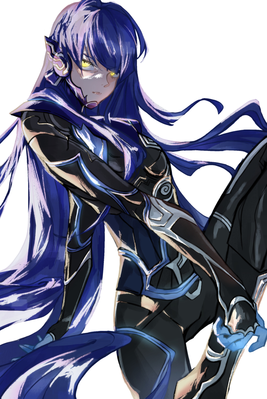 1boy absurdres androgynous black_bodysuit blue_hair bodysuit closed_mouth commentary_request highres jitome long_hair male_focus protagonist_(smtv) shin_megami_tensei shin_megami_tensei_v simple_background solo standing standing_on_one_leg very_long_hair white_background yellow_eyes zero85727146