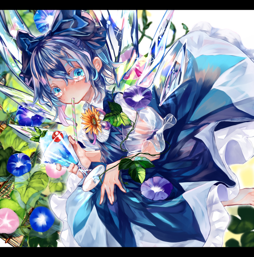 1girl blue_dress blue_eyes blue_hair blue_ribbon bow cirno cup dress drinking drinking_straw fairy_wings flower frozen glass hair_bow highres holding holding_cup holding_drinking_straw hydrangea ice ice_wings leaf letterboxed looking_at_viewer mint pinafore_dress pink_neckwear pink_ribbon puffy_short_sleeves puffy_sleeves ribbon ribbon-trimmed_sleeves ribbon_trim see-through_clothes see-through_sleeves short_hair short_sleeves sleeveless sleeveless_dress sunflower syukou touhou transparent transparent_wings wings
