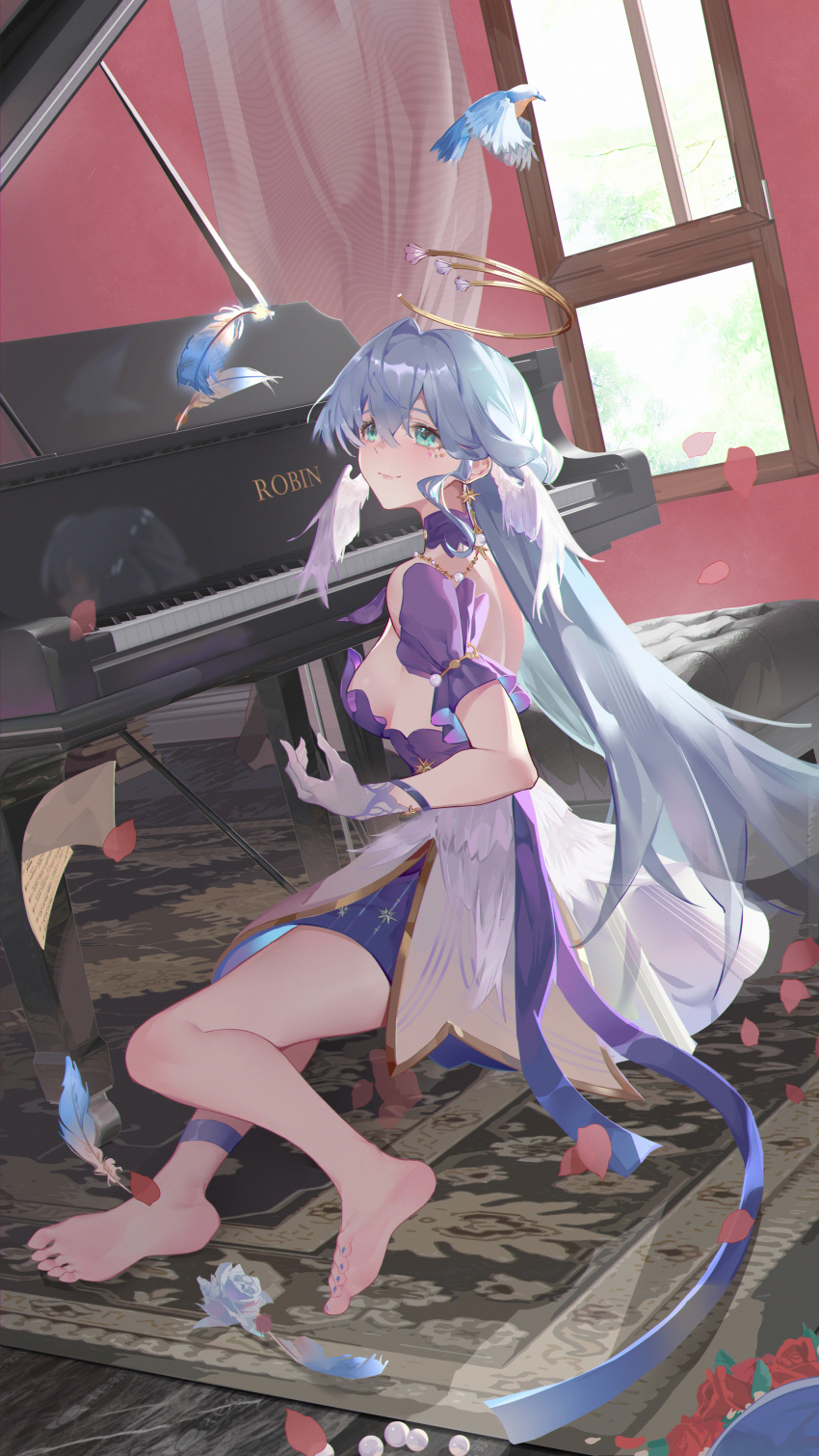 1girl absurdres aqua_eyes barefoot bird character_name choker comet-c commentary_request curtains detached_sleeves dress facial_mark feathers feet grey_hair highres honkai:_star_rail honkai_(series) indoors instrument long_hair looking_at_viewer piano purple_choker robin_(honkai:_star_rail) short_sleeves sitting smile solo very_long_hair white_dress