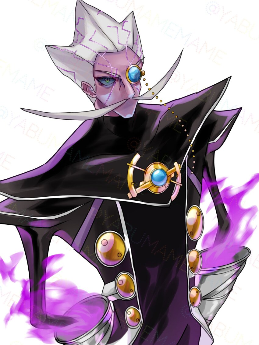 1boy arlon_(kid_icarus) arlon_(kid_icarus) colored_skin facial_hair fire gloves grey_gloves highres kid_icarus kid_icarus_uprising male_focus monocle mustache nintendo purple_fire purple_skin solo watermark white_hair yabumamemame