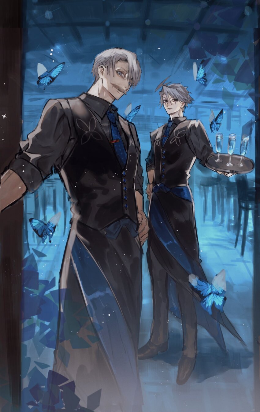 2boys ahoge bar_(place) bartender black_pants blue_butterfly blue_eyes blue_necktie bug butterfly cocktail_glass cup drinking_glass facial_hair fate/grand_order fate_(series) formal_clothes full_body grey_hair highres holding holding_tray incoming_drink insect james_moriarty_(archer)_(fate) james_moriarty_(gray_collar)_(fate) james_moriarty_(ruler)_(fate) long_sleeves looking_at_viewer male_focus multiple_boys mustache necktie official_alternate_costume old old_man ou_syoku7 pants short_hair tray vest