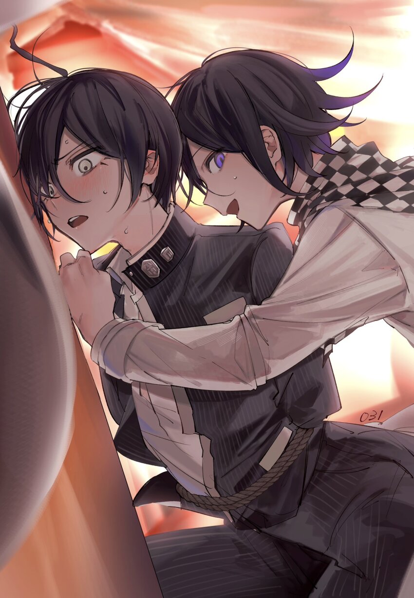 2boys ahoge black_hair blush checkered_clothes checkered_neckerchief danganronpa_(series) danganronpa_v3:_killing_harmony hair_between_eyes highres jacket long_sleeves male_focus multiple_boys neckerchief nemari_(nemaru_0907) oma_kokichi open_mouth pants rope saihara_shuichi shirt short_hair smile yaoi