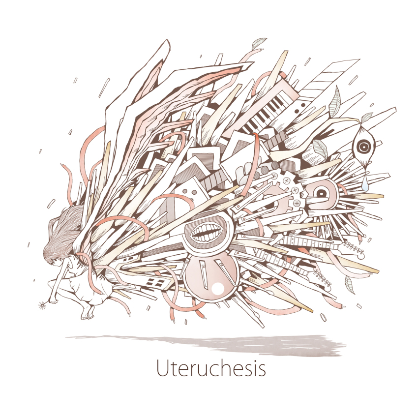 1girl abstract absurdres album_cover artist_request barefoot cable cover disembodied_mouth dress english_text floating_hair from_side full_body gears guitar highres instrument keytar leaf limited_palette long_hair marmalade_butcher_(band) muted_color official_art oversized_wings second-party_source short_dress simple_background soles solo song_name sundress wand white_background wings