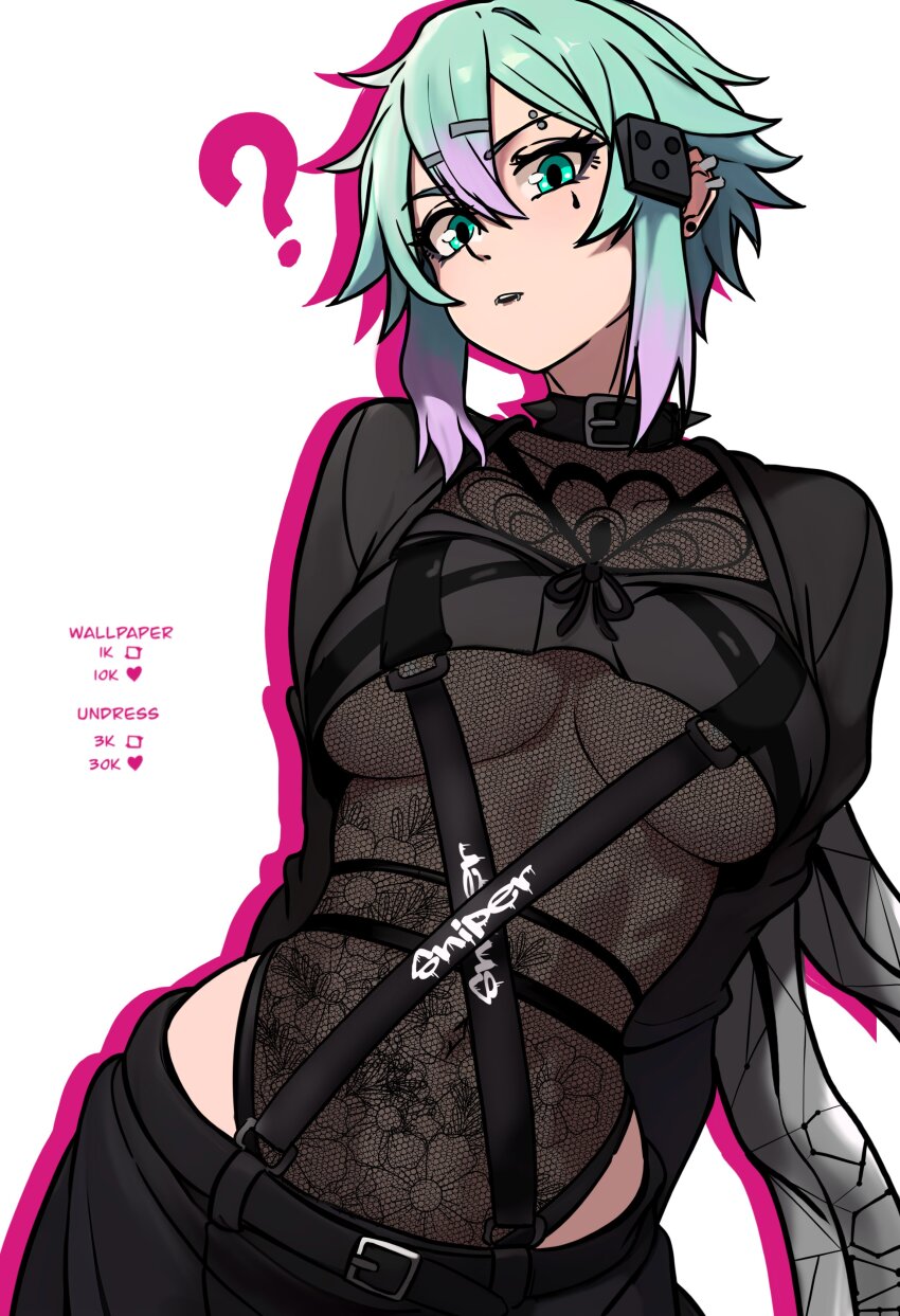 1girl ? absurdres belt belt_buckle blue_eyes blue_hair breasts buckle collar commentary covered_navel cowboy_shot english_commentary english_text eyebrow_piercing face_piercing goth_fashion hair_between_eyes heart highres leotard looking_at_viewer medium_breasts piercing redpostit simple_background sinon solo spiked_collar spikes sword_art_online white_background