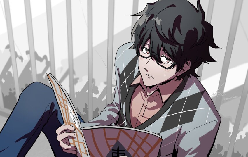 1boy black_hair blush book cardigan collared_shirt diamond_(shape) eme_(204) eyebrows_hidden_by_hair foliage fuya_(ntwewy) glasses highres holding holding_book male_focus outdoors pink_shirt rectangular_eyewear shin_subarashiki_kono_sekai shirt sitting solo solo_focus subarashiki_kono_sekai sweatdrop