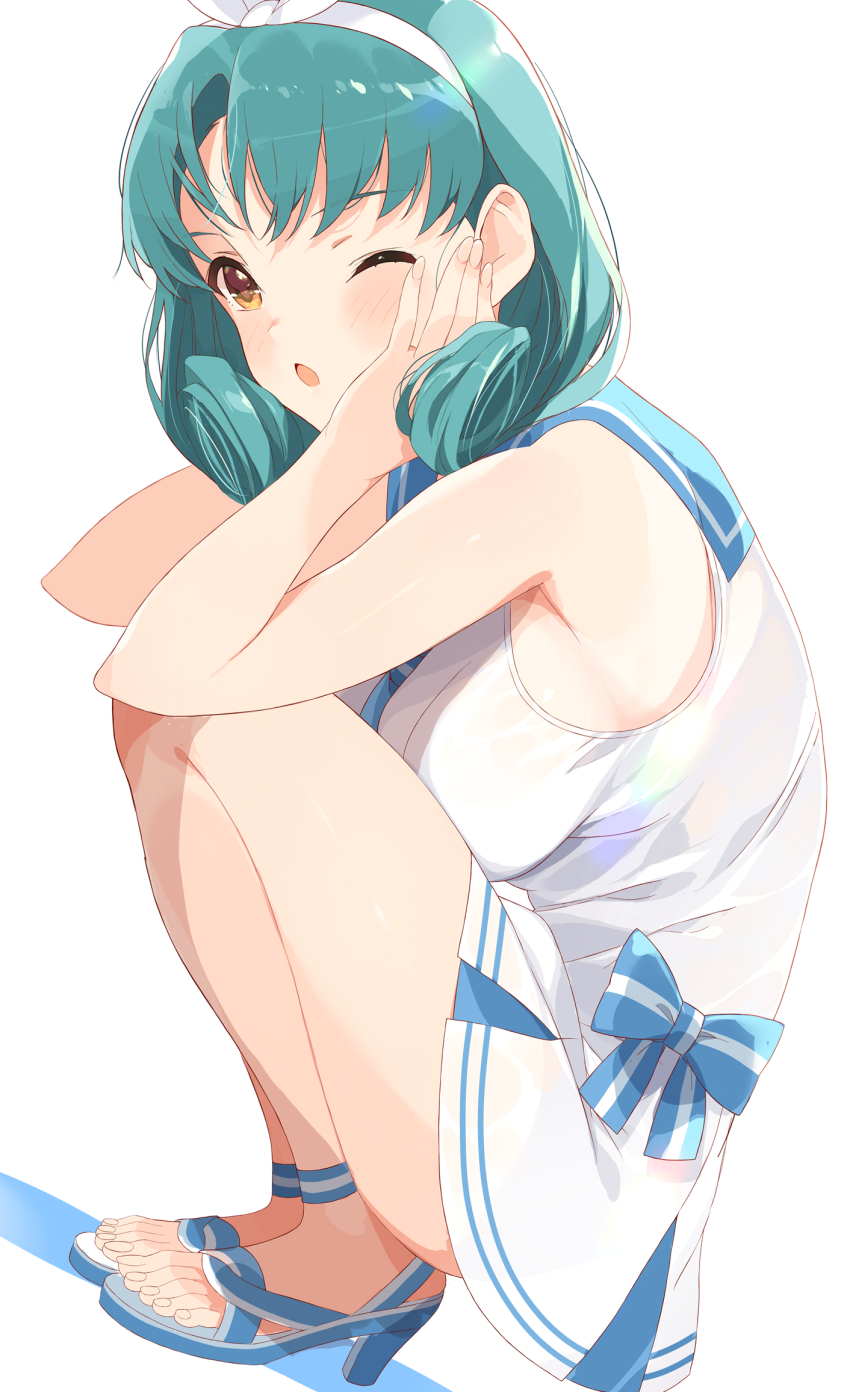1girl aqua_hair bare_legs blue_bow blue_neckerchief blue_sailor_collar blush bow bow_hairband brown_eyes curly_hair full_body green_hair hairband high_heel_sandals high_heels highres idolmaster idolmaster_million_live! legs light_blush looking_at_viewer medium_hair neckerchief one-piece_swimsuit one_eye_closed open_mouth parted_bangs sailor_collar sailor_collar_lift sailor_one-piece_swimsuit sailor_swimsuit_(idolmaster) sandals shadow simple_background skirt solo squatting strappy_heels swimsuit tetsujin_momoko toes tokugawa_matsuri