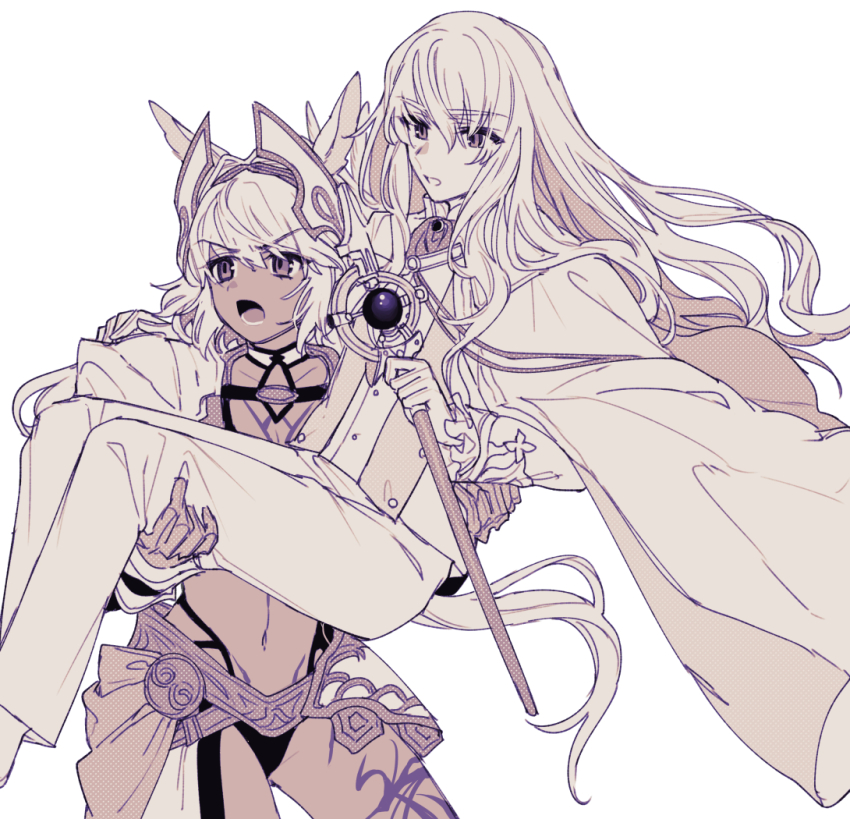 1boy 1girl animal_ears armor ascot bikini black_bikini body_markings brooch caenis_(fate) caenis_(second_ascension)_(fate) cape carrying carrying_person dark-skinned_female dark_skin fate/grand_order fate_(series) feathers frilled_sleeves frills gloves hair_between_eyes hair_intakes hairband hand_on_another&#039;s_shoulder headpiece holding holding_staff horse_ears jacket jewelry karokuchitose kirschtaria_wodime long_hair long_sleeves looking_at_another looking_to_the_side lower_teeth_only monochrome navel open_mouth pants pauldrons princess_carry shoulder_armor side_cape simple_background staff swimsuit teeth waist_cape white_background
