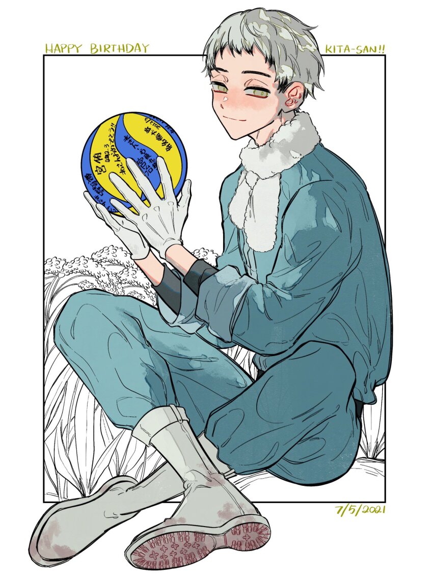 1boy arm_up ball black_hair blue_jumpsuit boots character_name closed_mouth coco_(238243) colored_tips commentary_request dated gloves grey_hair haikyuu!! happy_birthday highres holding holding_ball indian_style jumpsuit kita_shinsuke looking_to_the_side male_focus multicolored_hair rubber_boots scarf short_hair sideways_glance sitting smile solo volleyball_(object) wheat white_boots white_gloves white_scarf yellow_eyes