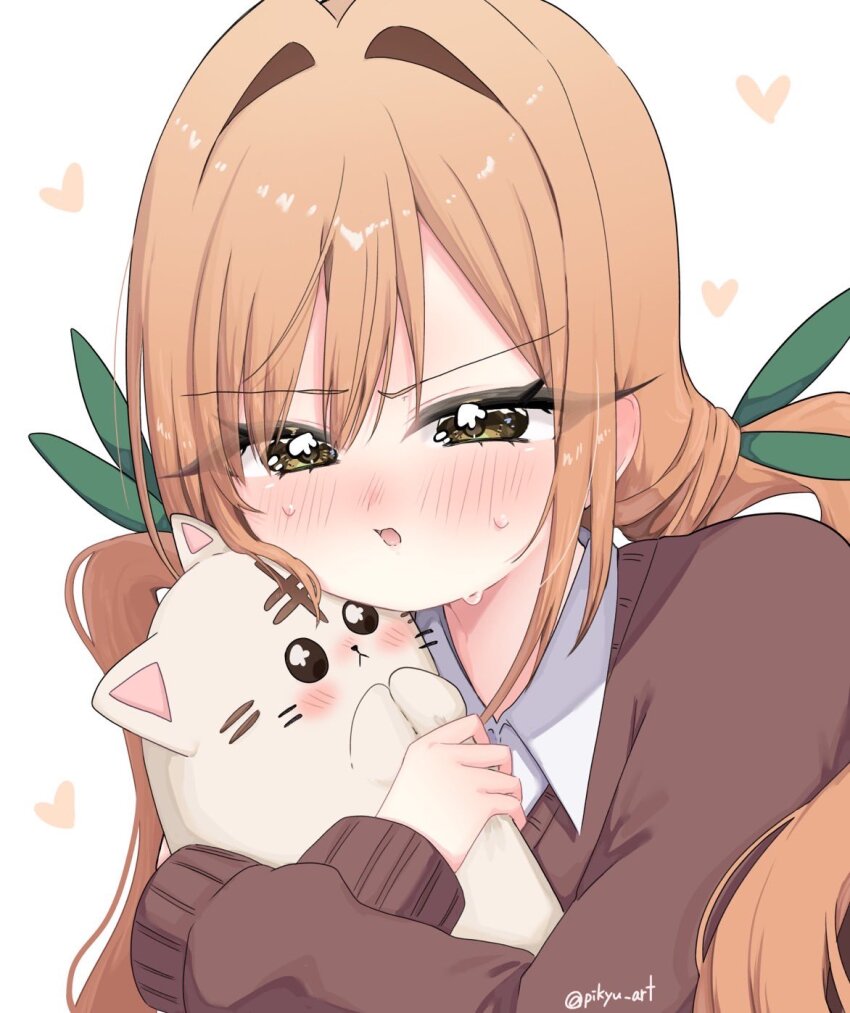 1girl animal blush brown_cardigan cardigan cat heart highres holding holding_animal holding_cat inda_karane kimi_no_koto_ga_dai_dai_dai_dai_daisuki_na_100-nin_no_kanojo pikyu school_uniform shirt twintails v-shaped_eyebrows white_shirt