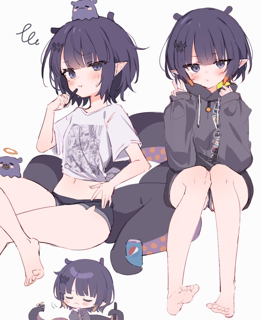 1girl :3 can closed_eyes closed_mouth drink_can halo hand_on_own_chin highres hololive hololive_english hood hoodie looking_at_viewer medium_hair messy_hair multicolored_hair navel ninomae_ina&#039;nis ninomae_ina&#039;nis_(loungewear) official_alternate_costume orange_hair pepsi pointy_ears pout purple_eyes purple_hair shirt short_shorts short_sleeves shorts shouu-kun sitting soda_can solo sweat takodachi_(ninomae_ina&#039;nis) virtual_youtuber
