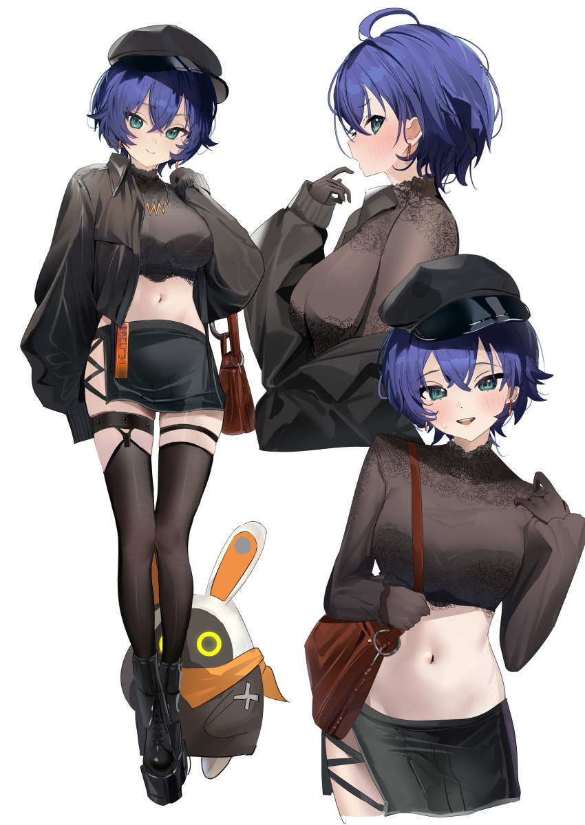 1girl absurdres alternate_costume bag bangboo_(zenless_zone_zero) baseball_cap belle_(zenless_zone_zero) black_gloves black_hat black_jacket black_shirt black_shoes black_skirt black_thighhighs blue_hair blush breasts cropped_shirt earrings gloves hat highres jacket jewelry k2_(jack_lin) large_breasts midriff miniskirt multiple_views navel shirt shoes short_hair shoulder_bag simple_background skirt smile stomach thighhighs white_background zenless_zone_zero