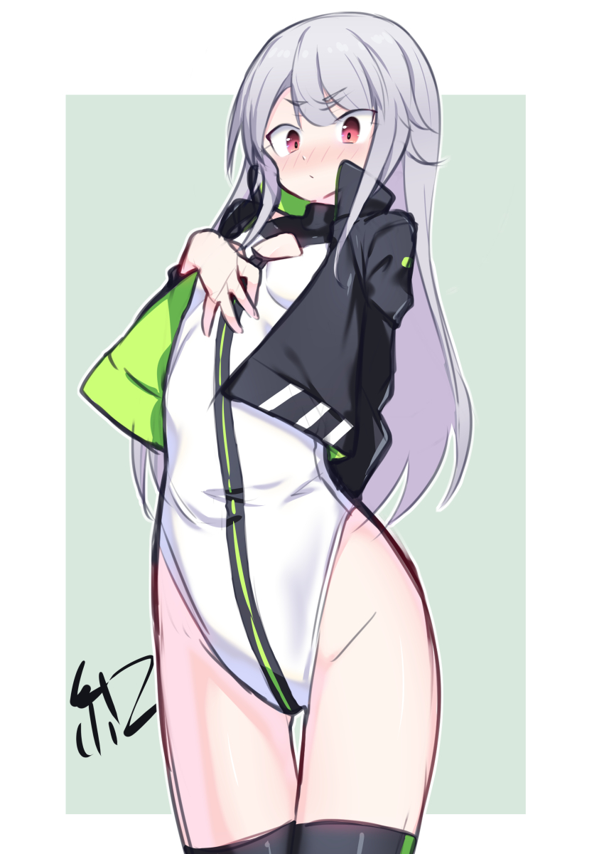 1girl absurdres alice_gear_aegis artist_name ben1shoga black_jacket black_thighhighs border circle_cutout cleavage_cutout clothing_cutout companion/af covered_collarbone flat_chest front_zipper full-length_zipper grey_hair hand_on_own_chest heattech_leotard highleg highleg_leotard highres jacket jinguuji_mari leotard long_hair multicolored_leotard outside_border race_queen red_eyes sleeveless_turtleneck_leotard solo thighhighs turtleneck two-tone_background two-tone_leotard white_border white_leotard zipper zipper_leotard zipper_pull_tab