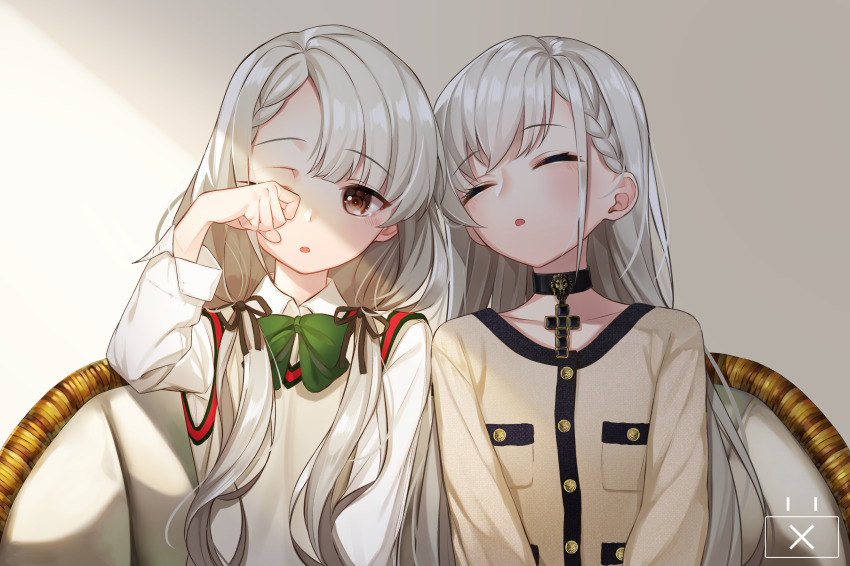 2girls ;o absurdres arm_up black_choker black_ribbon blouse bow bowtie braid braided_bangs breast_pocket brown_eyes brown_jacket buttons choker collarbone collared_shirt cross cross_choker closed_eyes french_braid green_neckwear hair_ribbon head_tilt highres hisakawa_hayate hisakawa_nagi idolmaster idolmaster_cinderella_girls jacket long_hair long_sleeves low-tied_long_hair low_twintails multiple_girls one_eye_closed open_mouth pocket ribbon shirt siblings silver_hair sisters sleeping sleeping_upright sweater_vest tears the_cold twins twintails upper_body waking_up white_shirt wiping_face