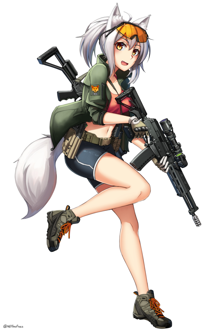1girl :d absurdres ahoge ak-74 animal_ear_fluff animal_ears assault_rifle between_breasts black_shorts breasts brown_eyes commentary crop_top cz_75 fang female_focus fox_ears fox_girl fox_tail full_body gloves goggles goggles_on_head green_jacket grey_shoes gun hair_between_eyes handgun highres holding holding_gun holding_weapon holster holstered izhmash jacket kalashnikov_concern kalashnikov_rifle looking_at_viewer medium_breasts molot molot-oruzhie molot_weapons navel ndtwofives open_clothes open_jacket open_mouth original ponytail rifle scope semi-automatic_shotgun shoes short_shorts shorts shotgun silver_hair simple_background smile sneakers solo standing standing_on_one_leg strap_between_breasts tail trigger_discipline twitter_username vepr-12 vyatskiye_polyany_machine-building_plant weapon weapon_on_back weapon_request white_background white_gloves