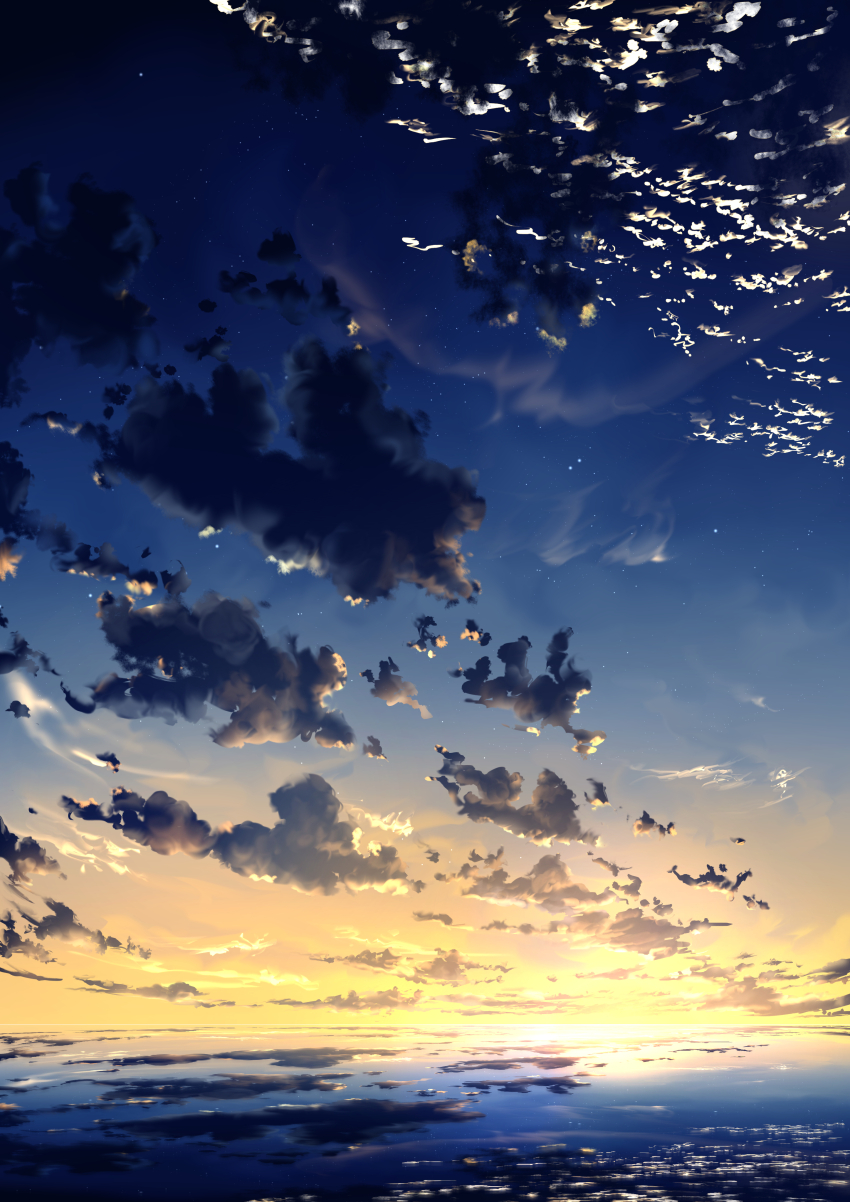 absurdres cloud commentary_request dusk evening gradient_sky highres horizon mitsukasa no_humans ocean original outdoors reflection reflective_liquid scenery sky sky_focus star_(sky)