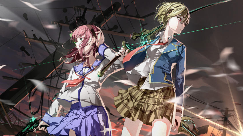 absurdres angel_beats! blue_jacket blue_sailor_collar blue_skirt brown_hairband brown_skirt collared_shirt commentary_request cowboy_shot crossover dutch_angle green_eyes green_hair hairband heaven_burns_red highres holding holding_sword holding_weapon jacket kayamori_ruka long_hair long_sleeves nakamura_yuri neckerchief necktie nico-tine night outdoors pink_hair plaid_clothes plaid_skirt pleated_skirt power_lines red_eyes red_neckerchief red_necktie sailor_collar school_uniform serafuku shirt short_hair skirt sword utility_pole weapon white_shirt